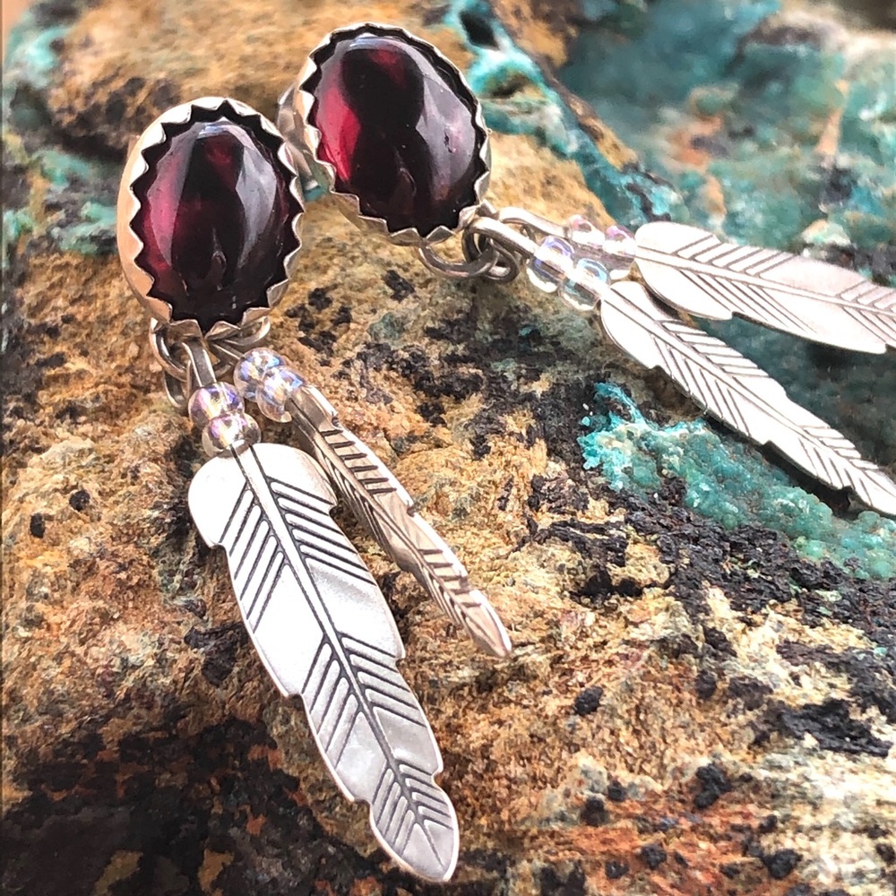 Red Paua Shell Feather Post Dangle Earrings